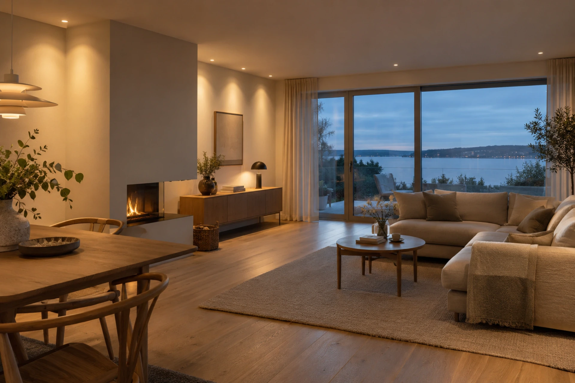Moderne stue med store vinduer og udsigt over vandet, elegant indretning og blødt belysning.