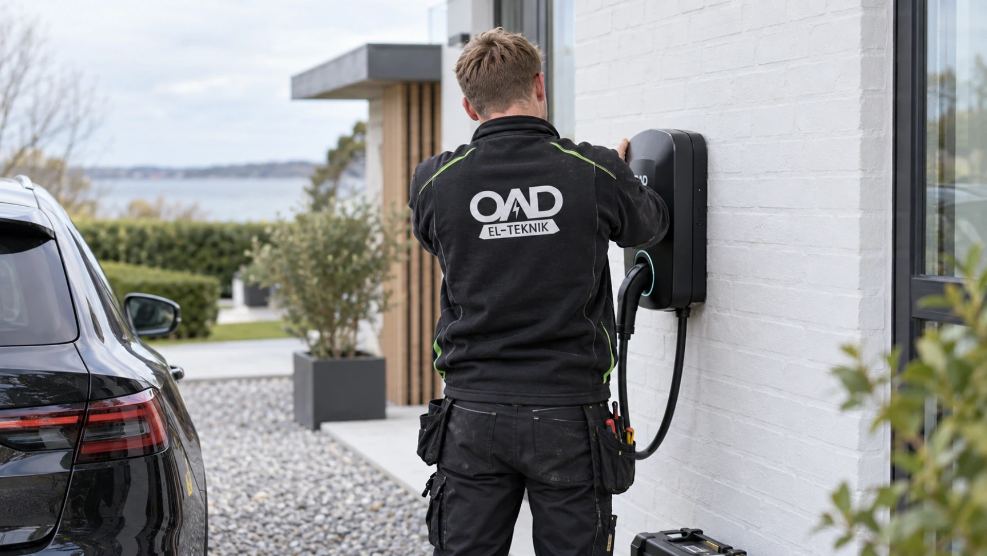Elektriker fra OAD El-teknik arbejder udendørs på en væg.