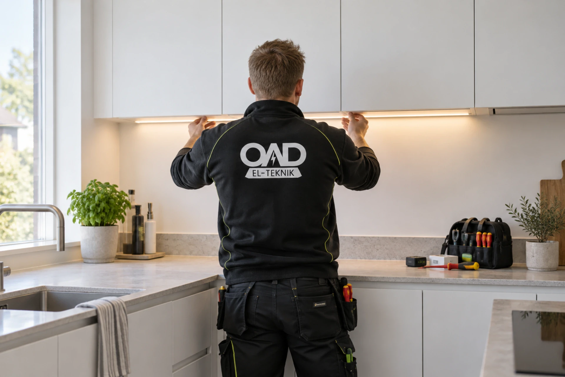 Elektriker installerer køkkenbelysning i moderne køkken.