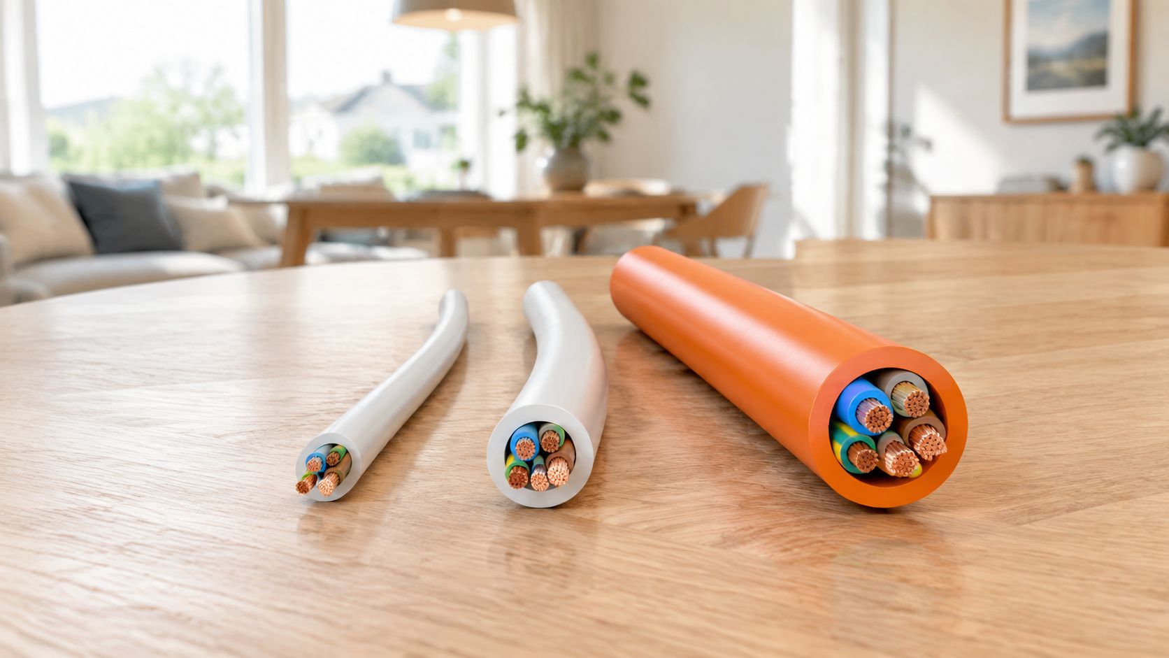 Tre forskellige størrelser elektriske kabler med kobbertråde placeret på et lyst træbord i en stue.