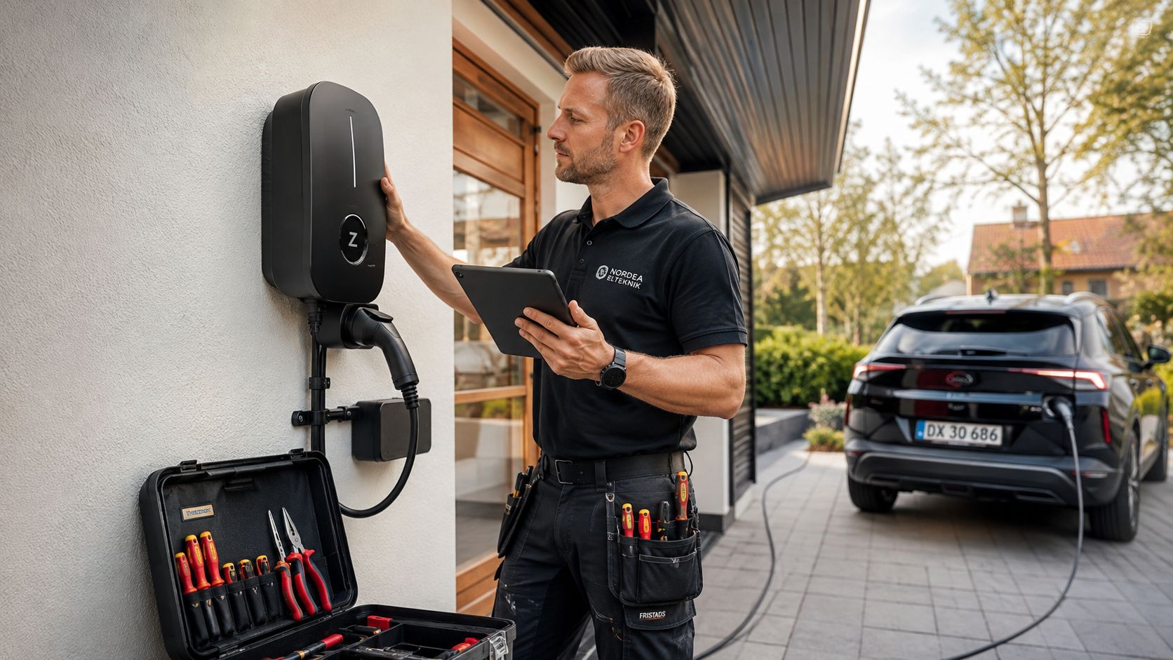 En professionel elektriker fra Nordea Elteknik installerer og tester en moderne ladestander til en elbil ved et hus.
