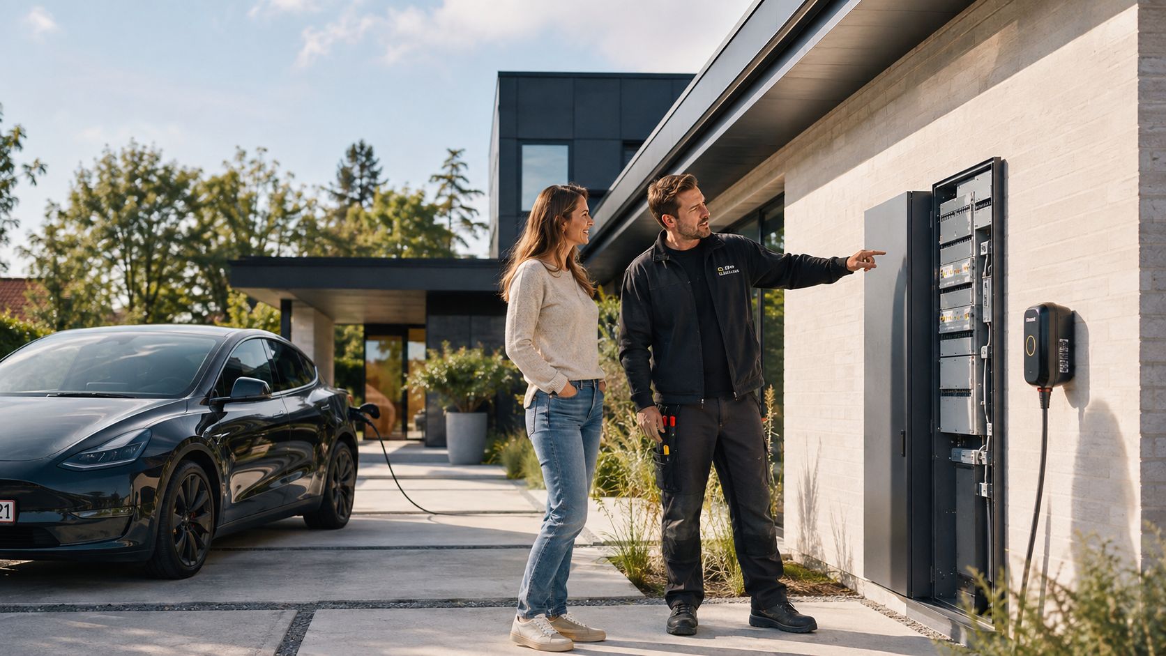 En elektriker forklarer en kvinde installationen af en ny ladestander til elbil ved siden af et hus.