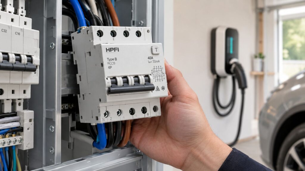 Elektriker arbejder på el-tavle med kabler og sikringer.