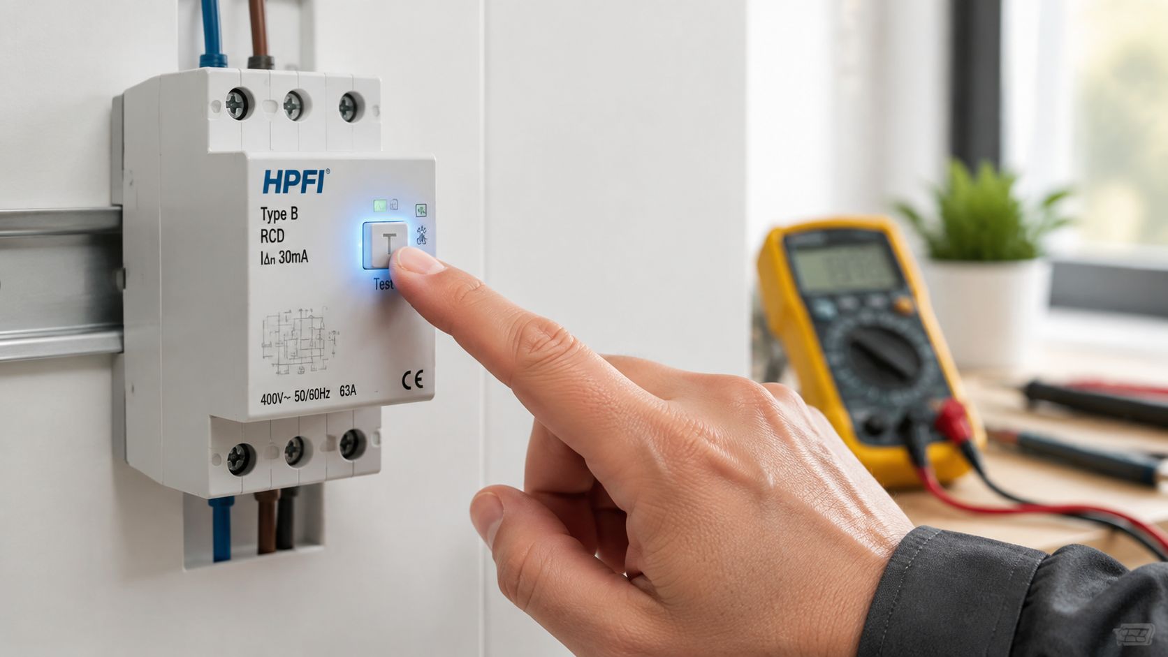 En person trykker på testknappen på et HPFI Type B relæ for at sikre korrekt elektrisk funktion.