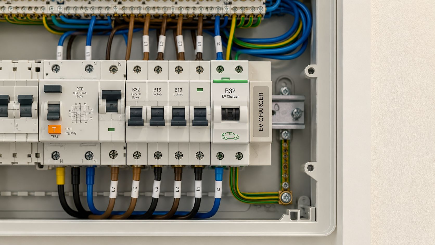 Sikringsskab med fejlstrømsafbryder og automatsikringer til styring af elektricitet i et moderne hjem med elbil-lader.