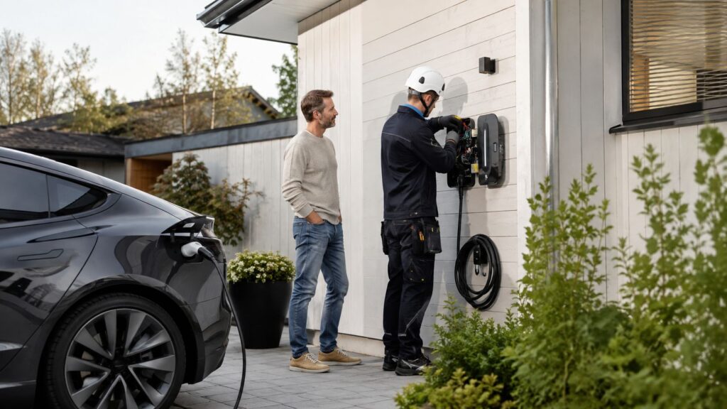 Elektriker installerer ladestander til elbil foran hus.
