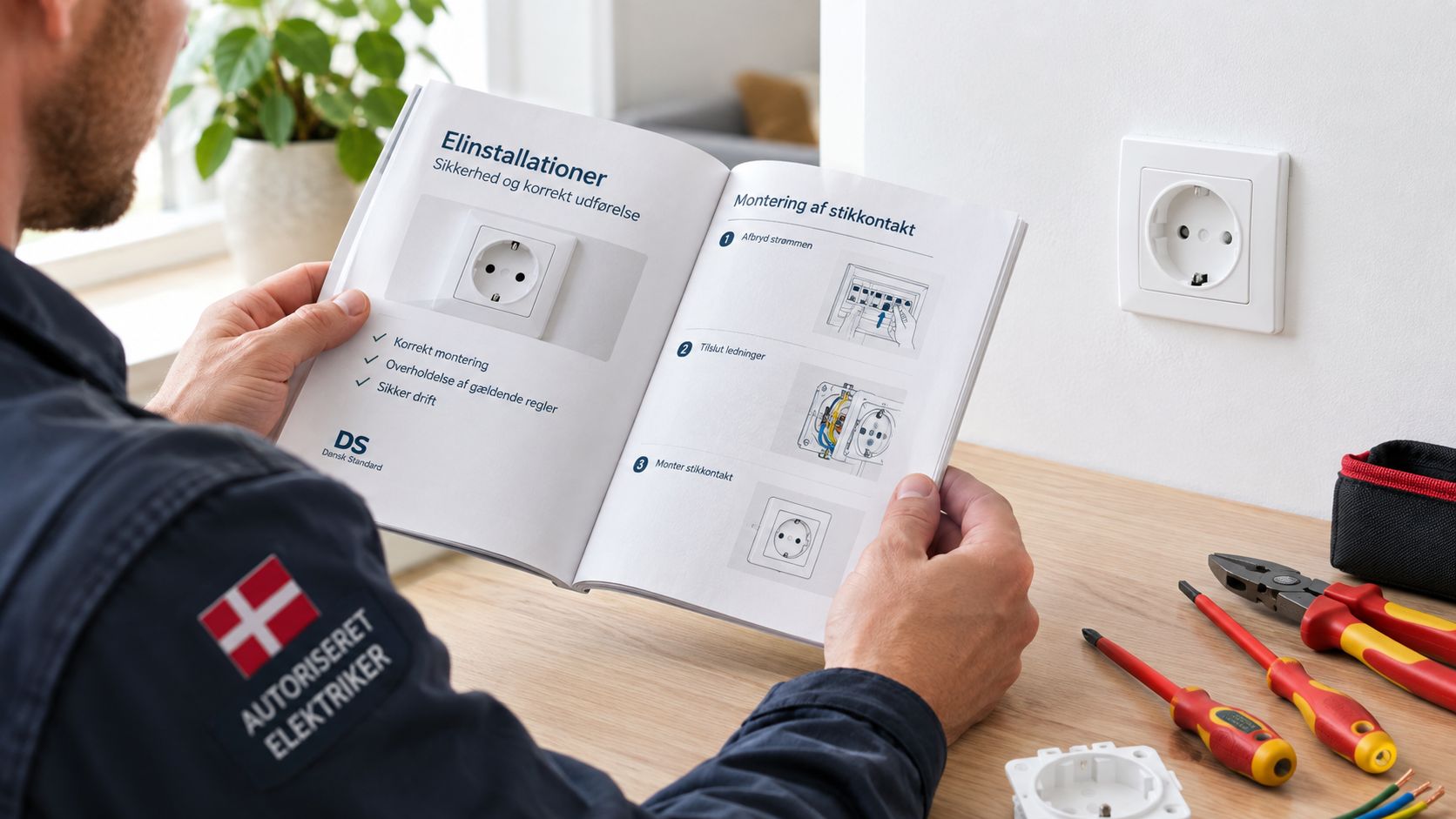 En autoriseret elektriker læser en vejledningsbog om korrekt montering af en dansk stikkontakt på et arbejdsbord.