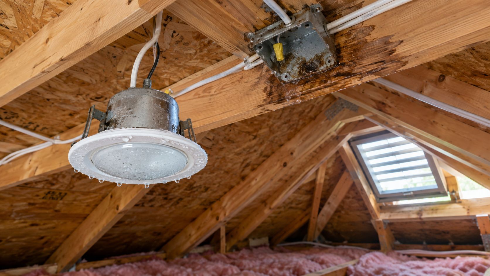 Et loft med utætheder hvor vand drypper ned fra en indbygningslampe og en elektrisk samleboks i tagkonstruktionen.