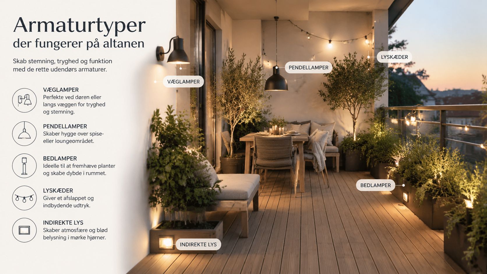 En hyggelig altan oplyst af forskellige typer udendørs lamper, herunder væglamper, pendellamper og lyskæder i skumringen.