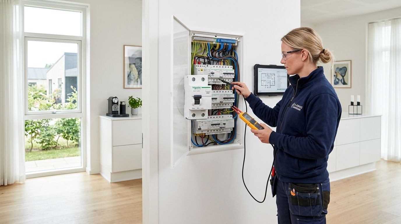 En elektriker arbejder på et sikringsskab med måleudstyr i et moderne, lyst hjem med vinduer til haven.