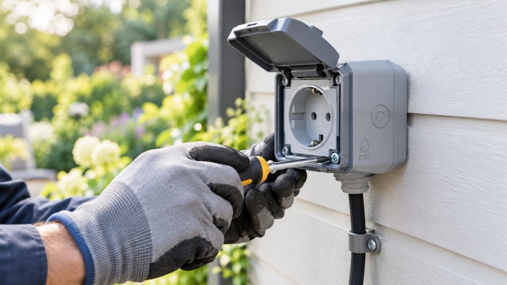 Elektriker installerer udendørs stikkontakt for optimal el-sikkerhed.