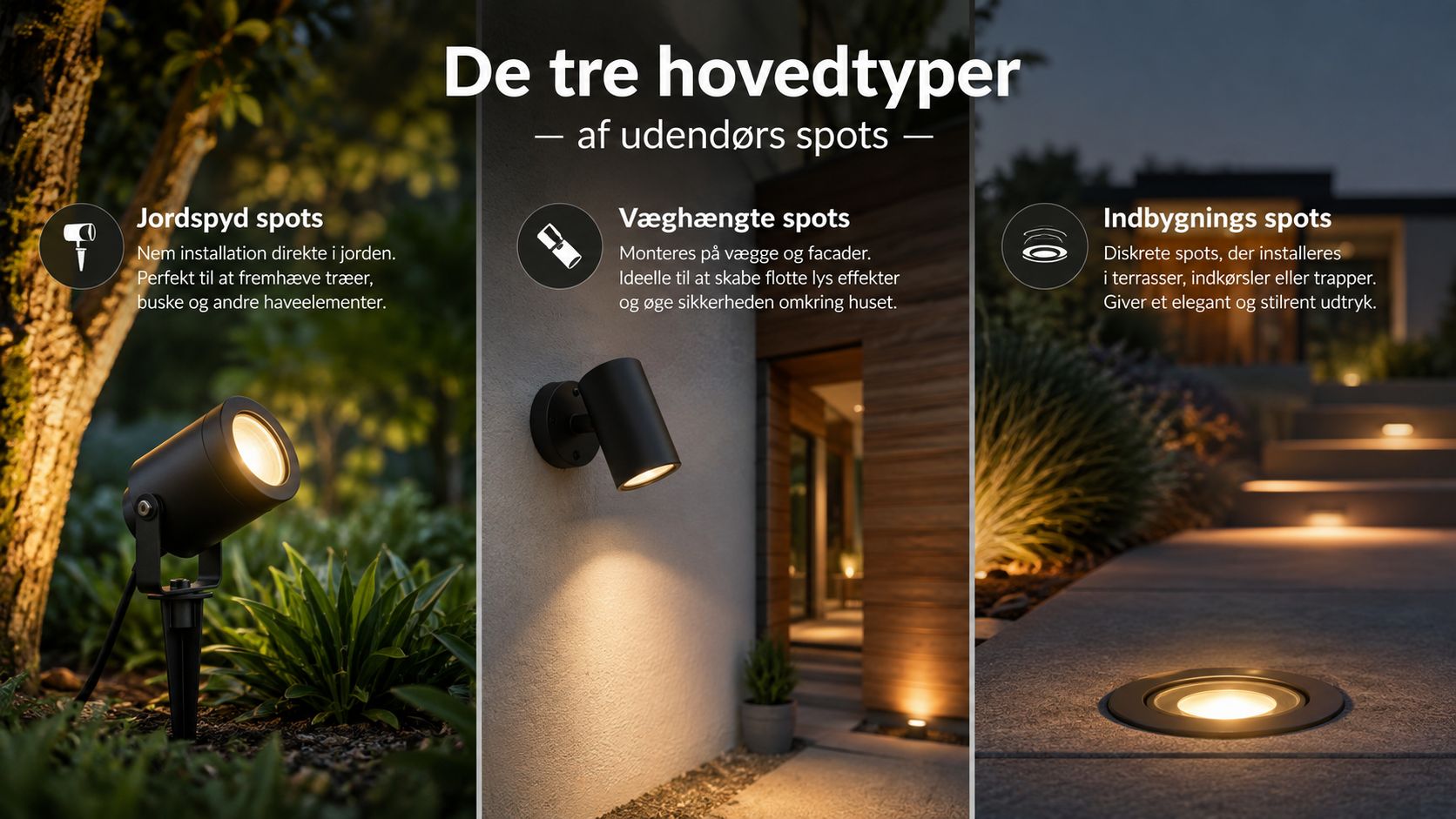 Oversigt over de tre hovedtyper af udendørs spots, herunder jordspyd, væghængte spots og diskrete indbygningsspots til haven.