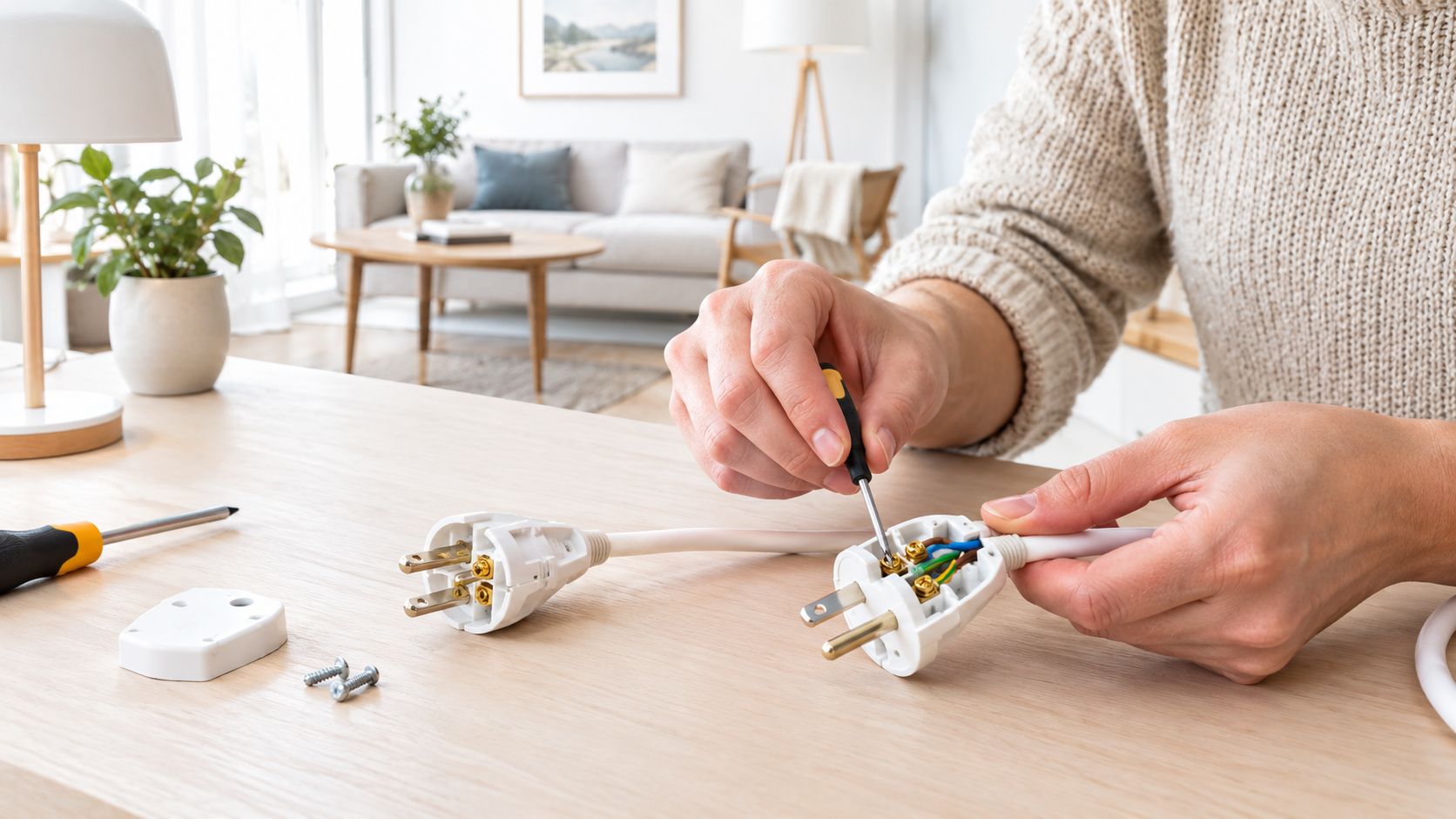 En person reparerer et elektrisk stik med en skruetrækker ved et træbord i en stue.