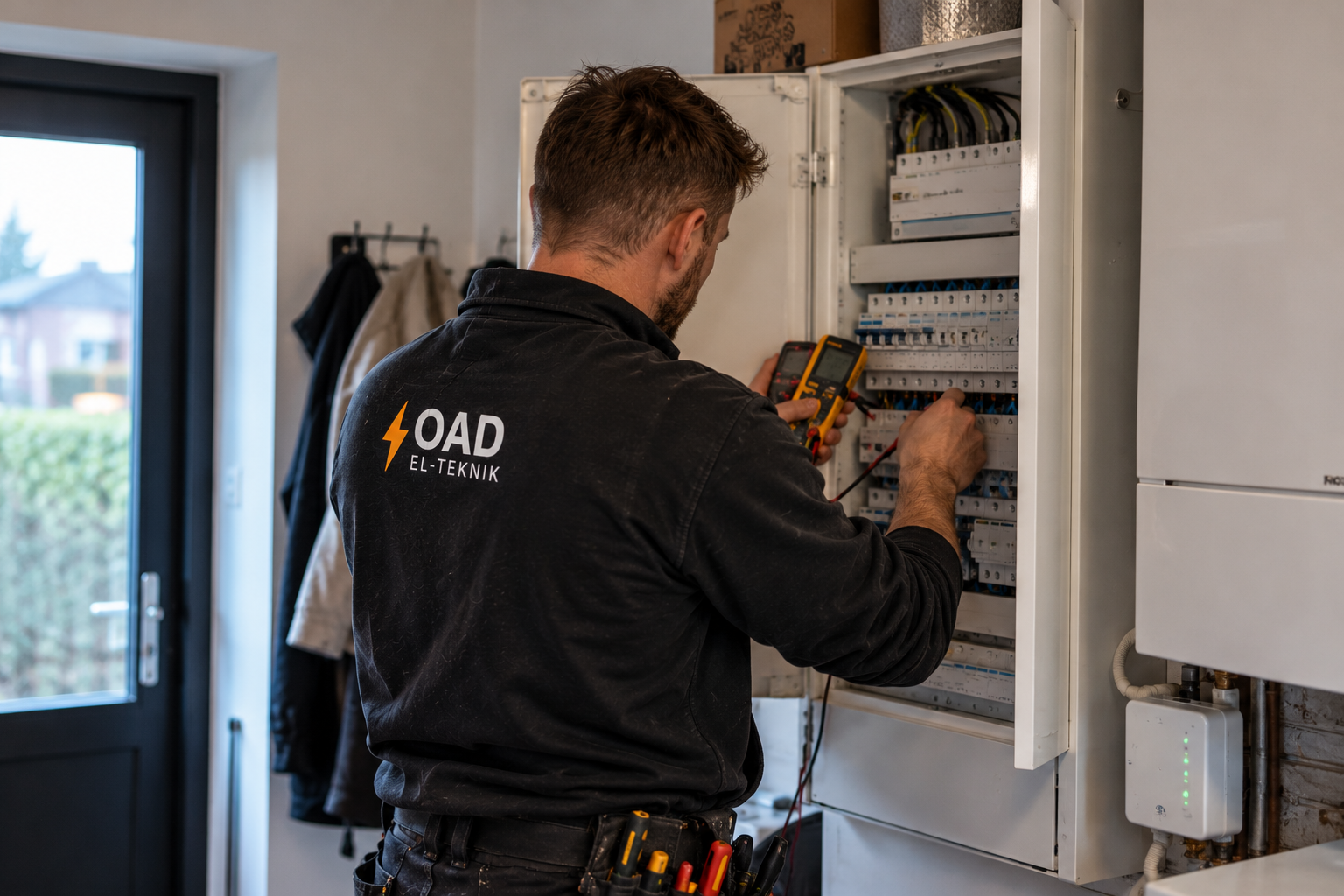 Elektriker fra OAD El-teknik arbejder på el-tavle i et hjem.