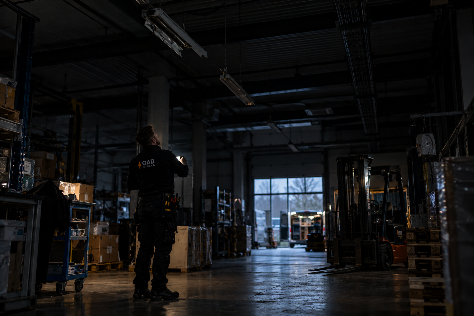 Elektriker inspekterer elektrisk udstyr i lagerhal hos OAD El-teknik ApS.