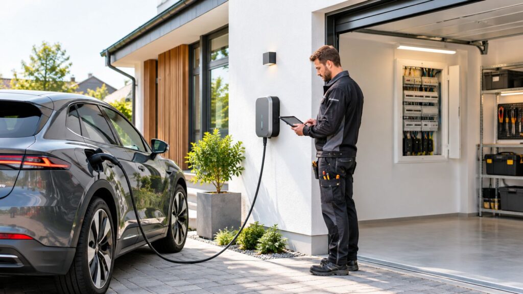 El-tekniker med smartphone udenfor garage og ladeboks i moderne hjem.