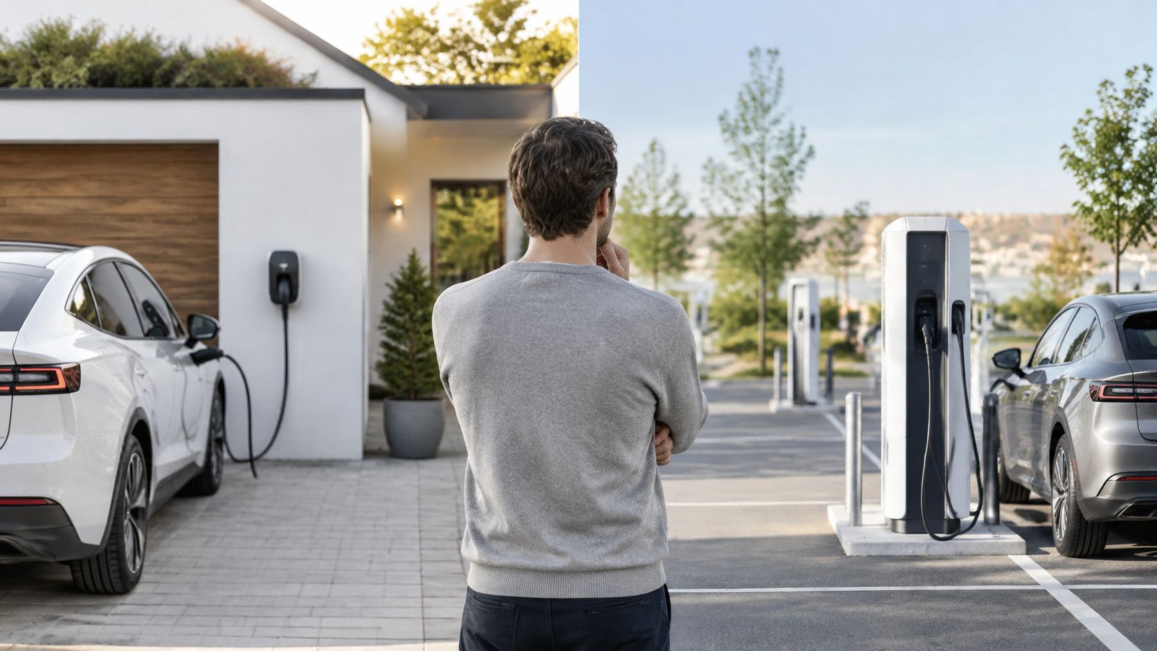 En mand overvejer valg mellem installation af ladestander til elbil derhjemme eller benyttelse af offentlige ladestationer.