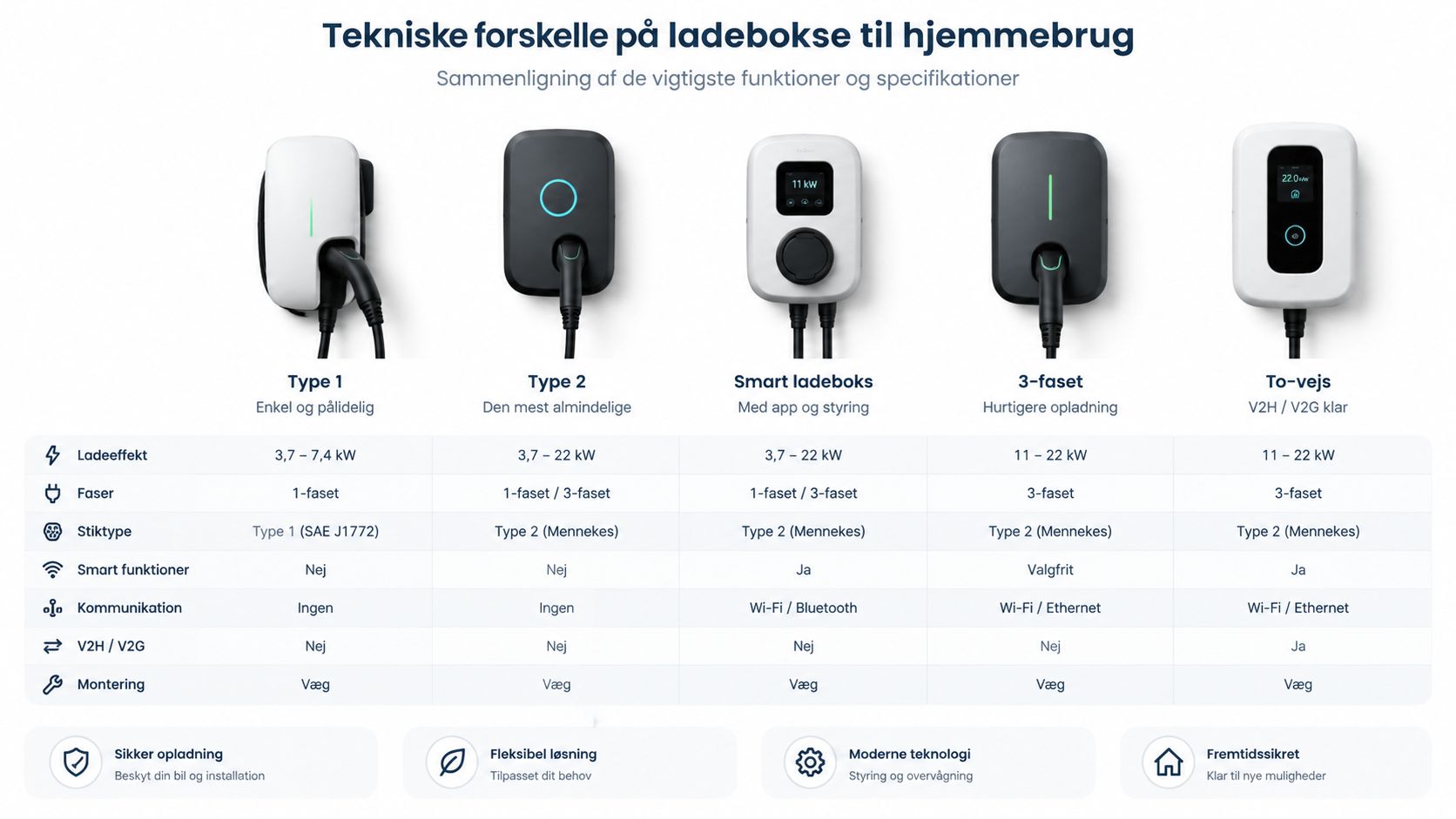 En sammenlignende tabel over tekniske specifikationer for forskellige typer ladestandere til elbil til hjemmebrug.