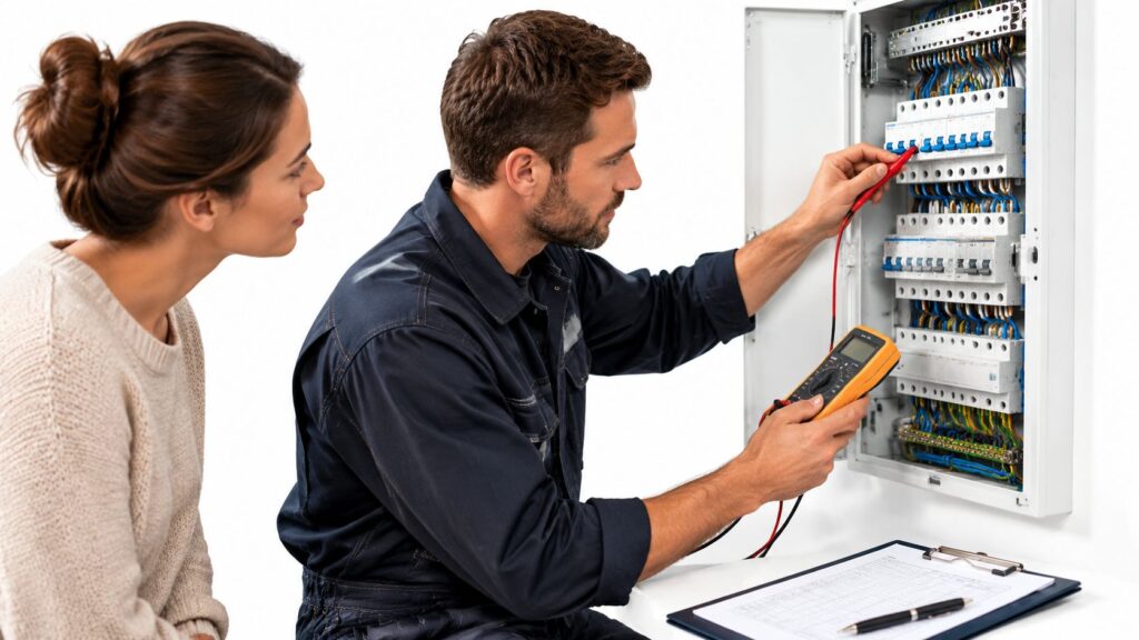 Elektriker tester el-tavle med multimeter hos OAD El-teknik.