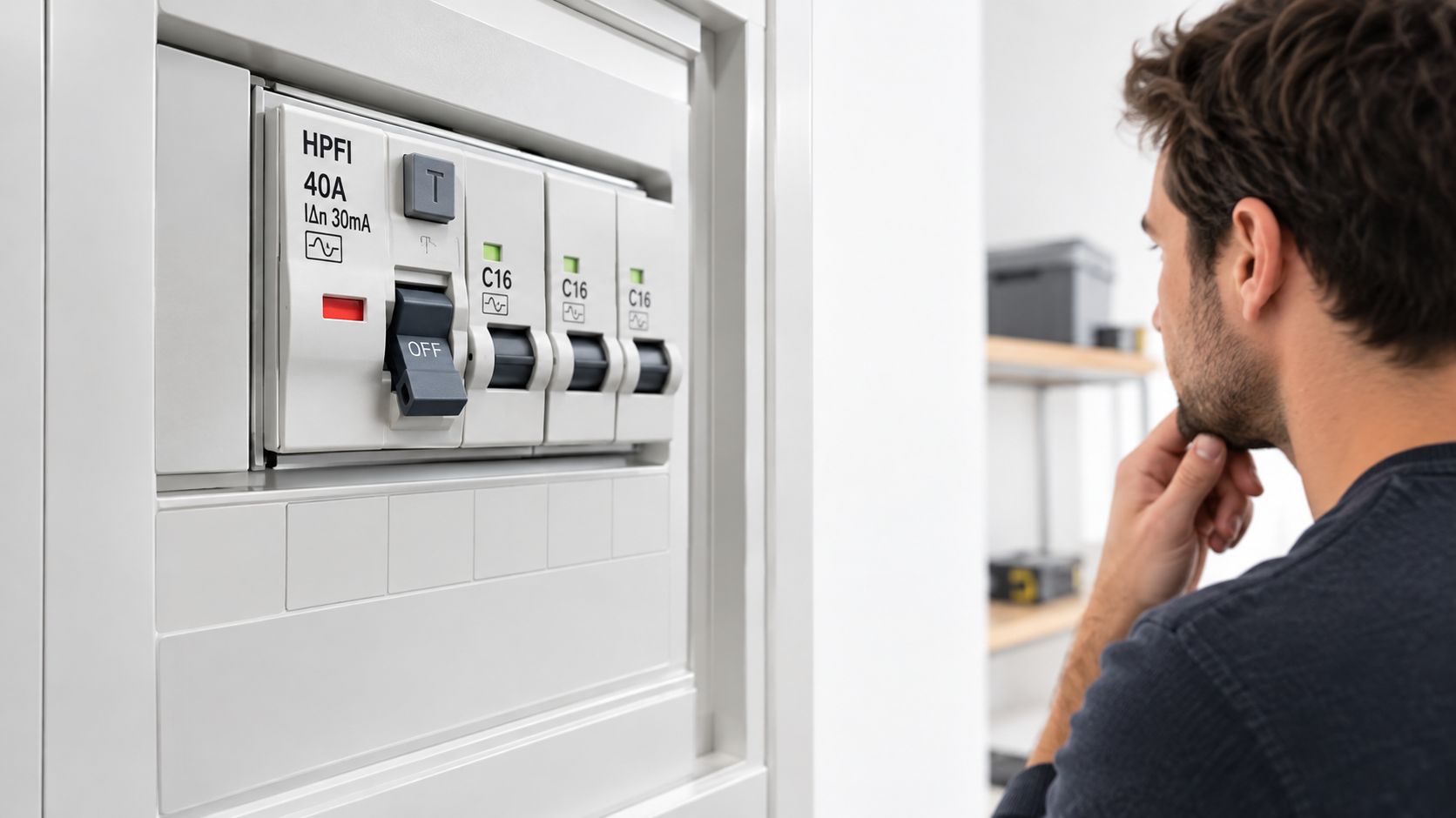 En mand står og kigger bekymret på en elektrisk eltavle med en HPFI-afbryder, der er slået fra.
