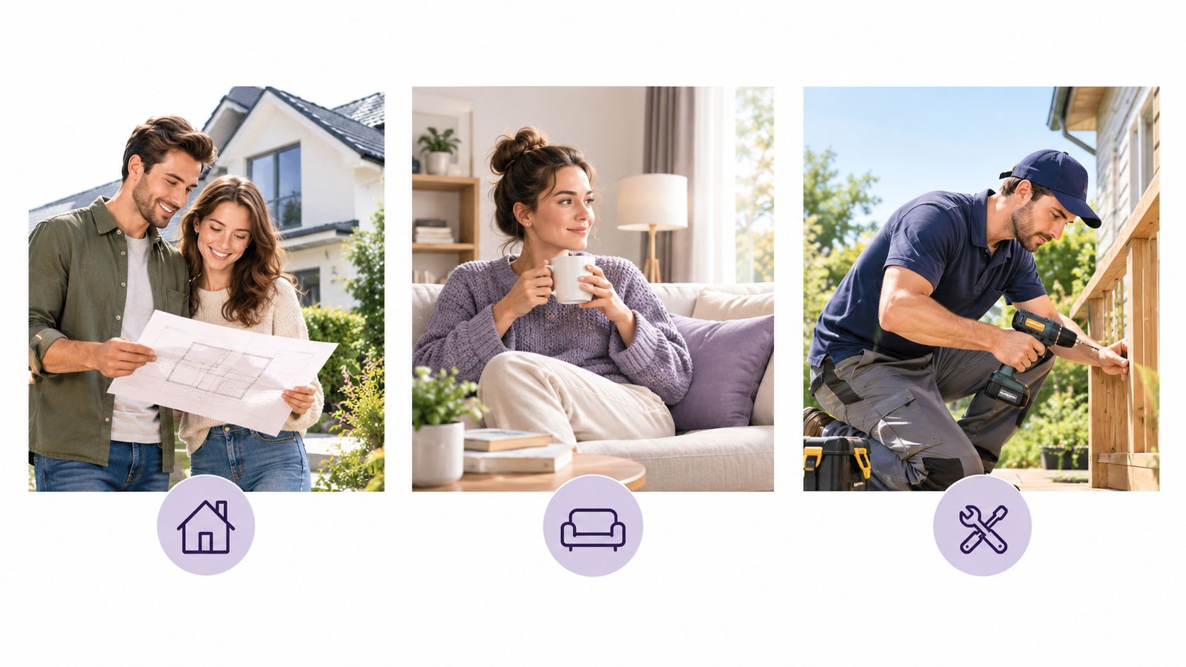 Et par kigger på husplaner, en kvinde drikker kaffe i sofaen, og en håndværker reparerer et træhegn.