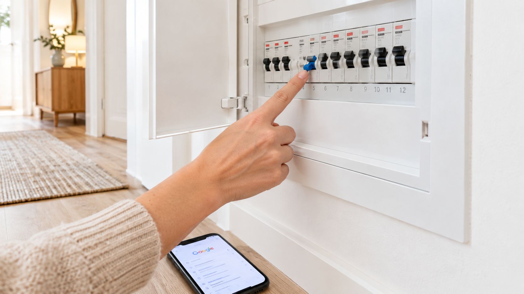 En person, der rører ved en elektrisk gruppeafbryder i et sikringsskab, mens en mobiltelefon ligger på gulvet.