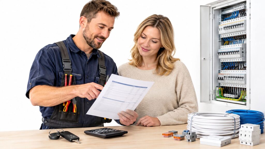 Elektriker og kvinde diskuterer elplaner foran elskab.