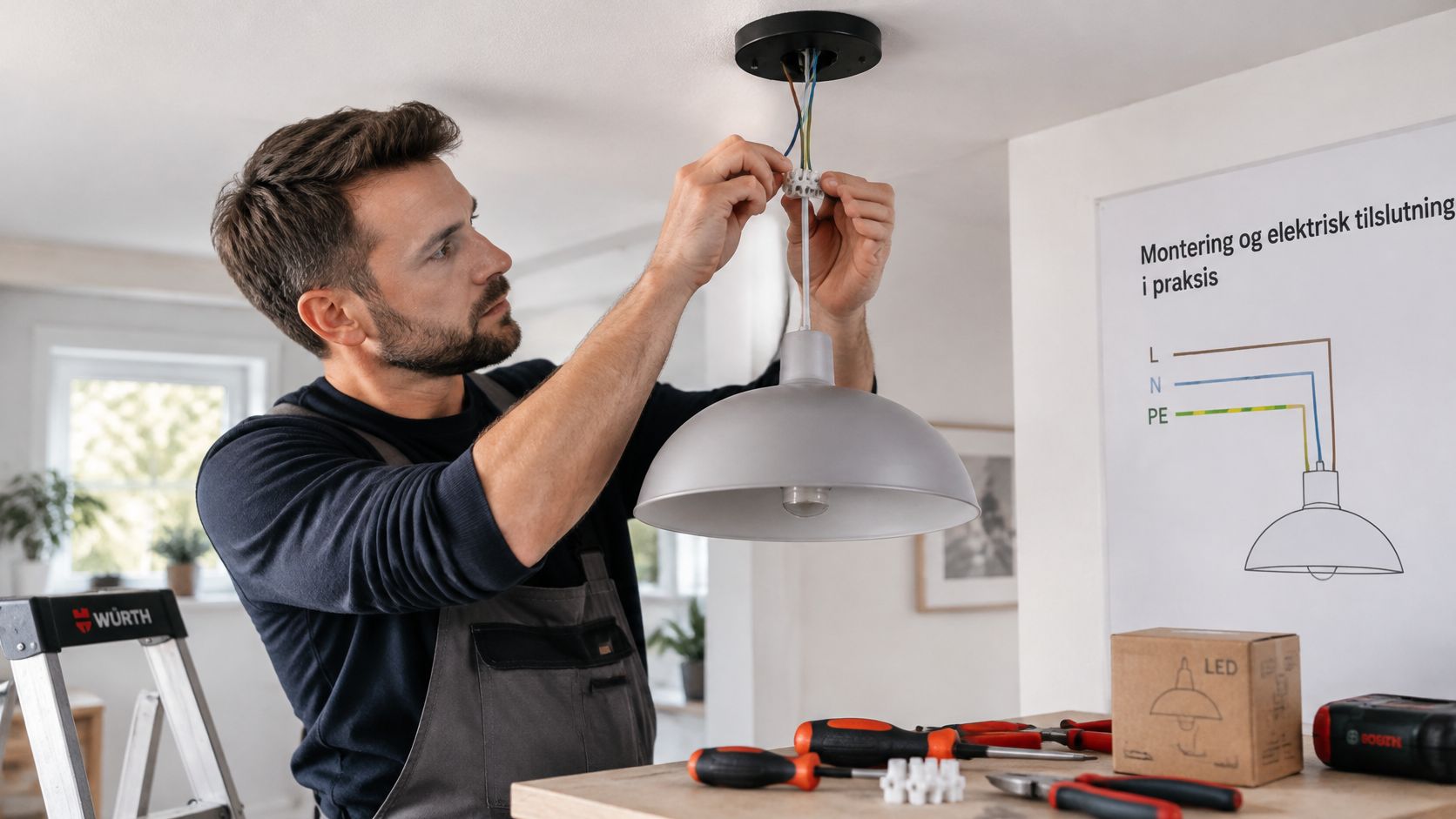 En elektriker installerer en hængelampe i et loft ved hjælp af en ledningssamler og en instruktionstavle.