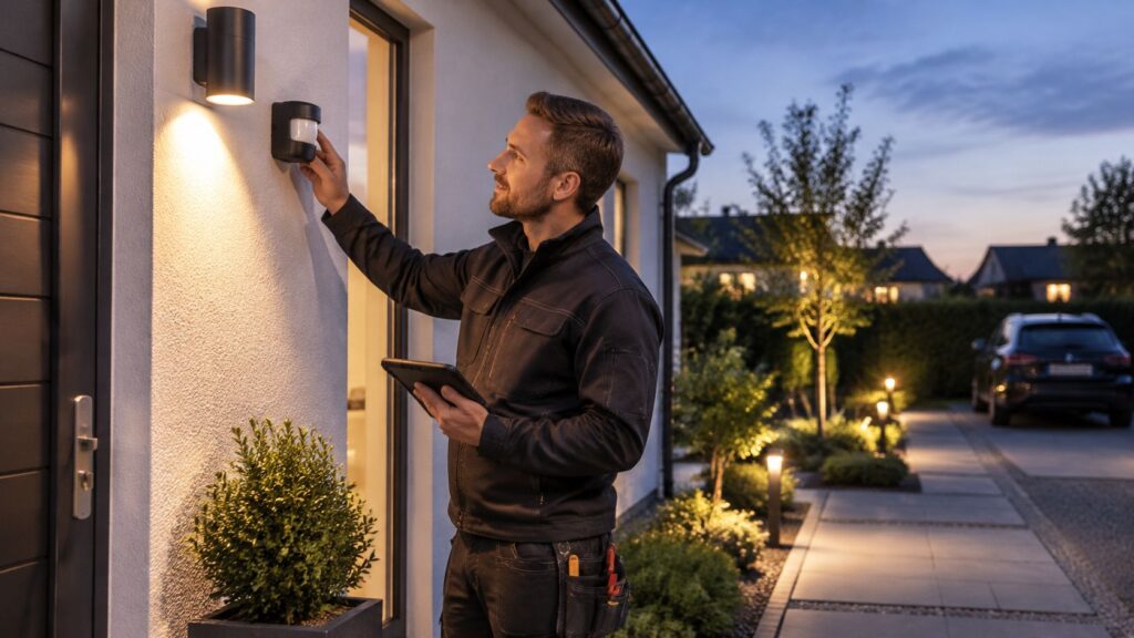 Elektriker installerer udendørs belysning ved husfacade.