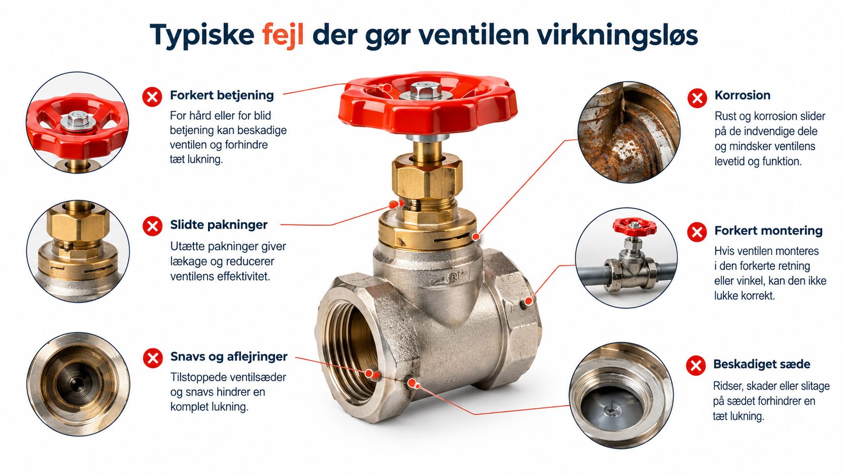 En oversigt over typiske fejl ved ventiler, herunder forkert betjening, korrosion, slidte pakninger, forkert montering og snavs.