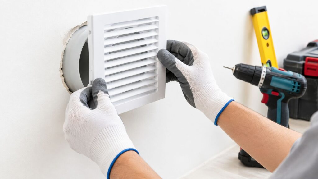 Tekniker installerer ventilationsventil i væg hos OAD El-teknik.